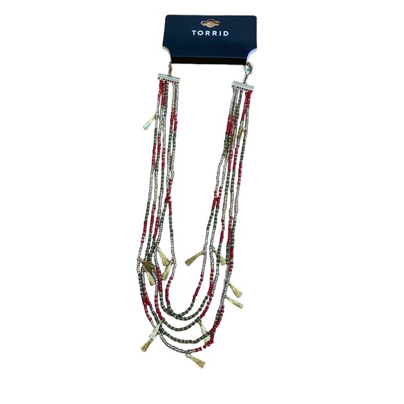 Torrid Multilayer Beaded Tassel Gold Red Green Necklace NWT - Picture 2 of 5